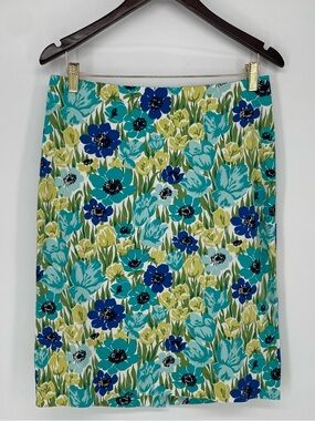 Talbots Vibrant Blue & Green Floral Straight Casual Knee Length Cotton Skirt
